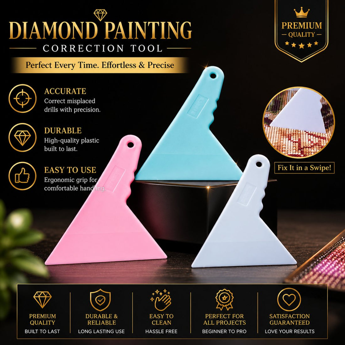 Diamond painting correction tool in pink, teal, and white