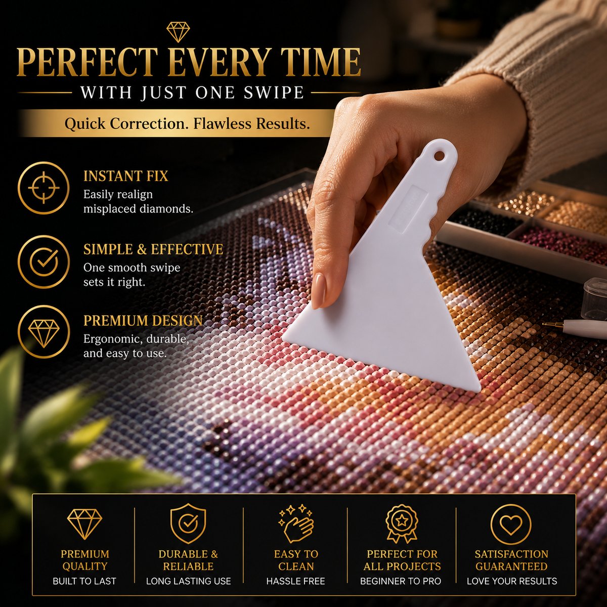 Using the correction tool to fix diamond placement on a canvas