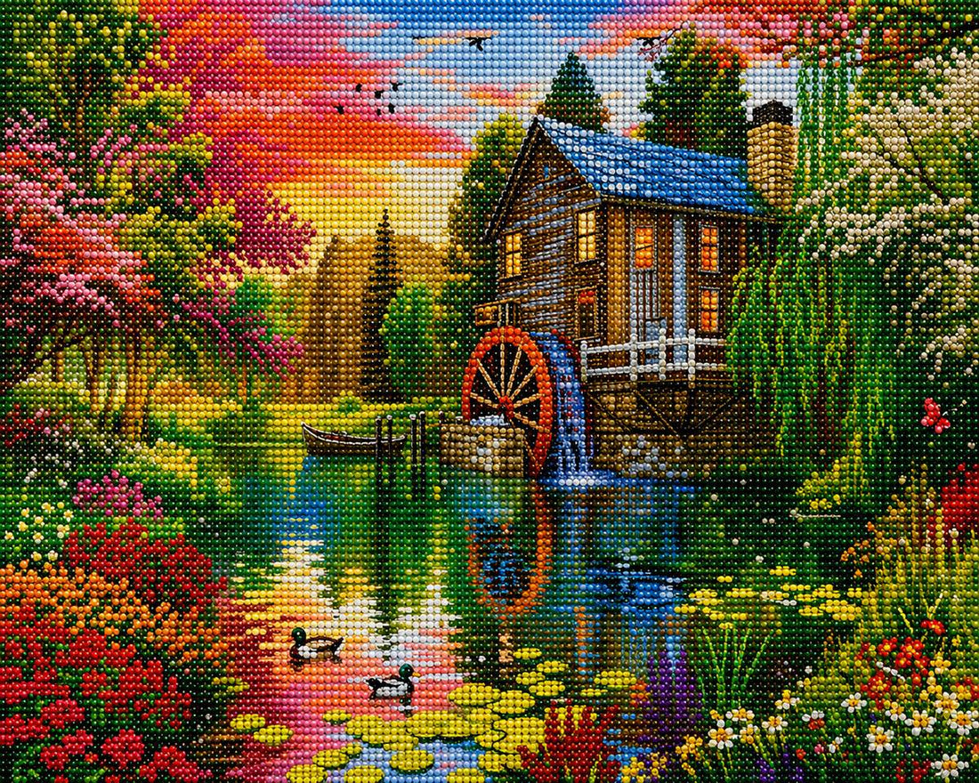 Close up of the finished cottage watermill and sunset pond diamond painting with sparkling drills | Azurra Shop