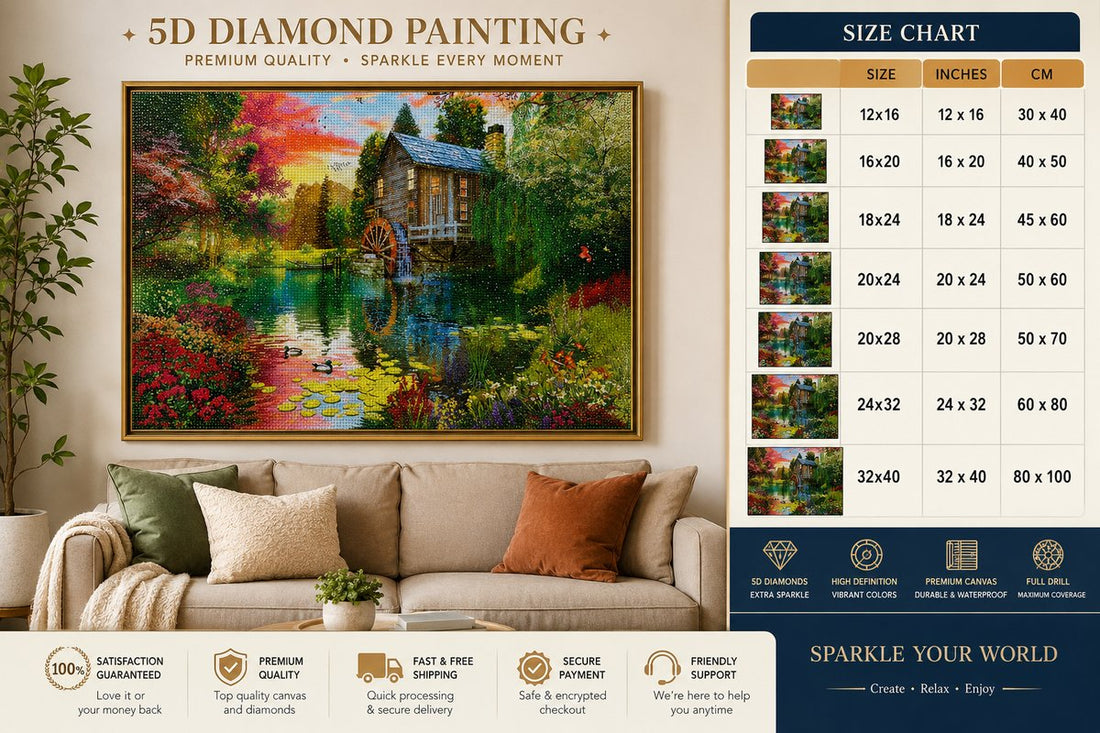 Framed watermill cottage diamond painting displayed above a cream sofa in a cozy living room | Azurra Shop