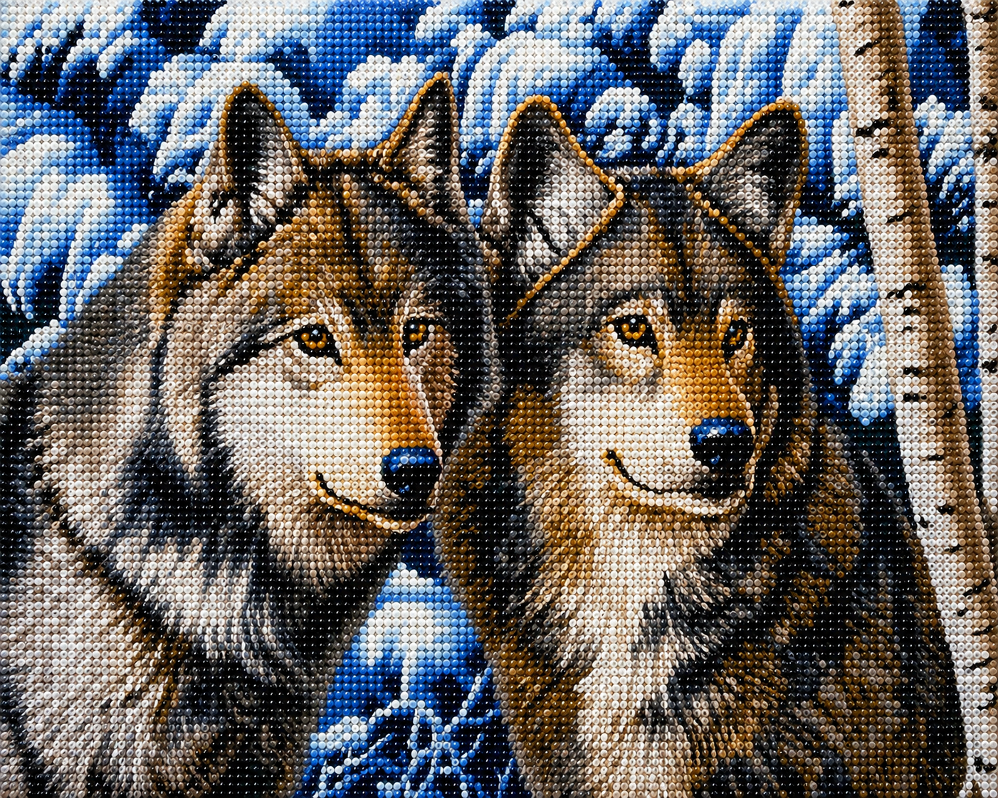Wolves in winter diamond painting kit close-up – two wolves side by side in a snowy winter scene, rich natural grey and white fur tones, sparkling full drill 5D resin diamond texture — Azurra Shop
