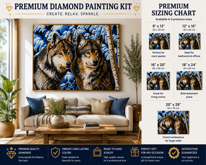 Wolves in winter diamond painting kit size chart – 5 sizes from 8" x 12" to 20" x 28", framed finished wolf pair art on living room wall, premium quality diamonds — Azurra Shop
