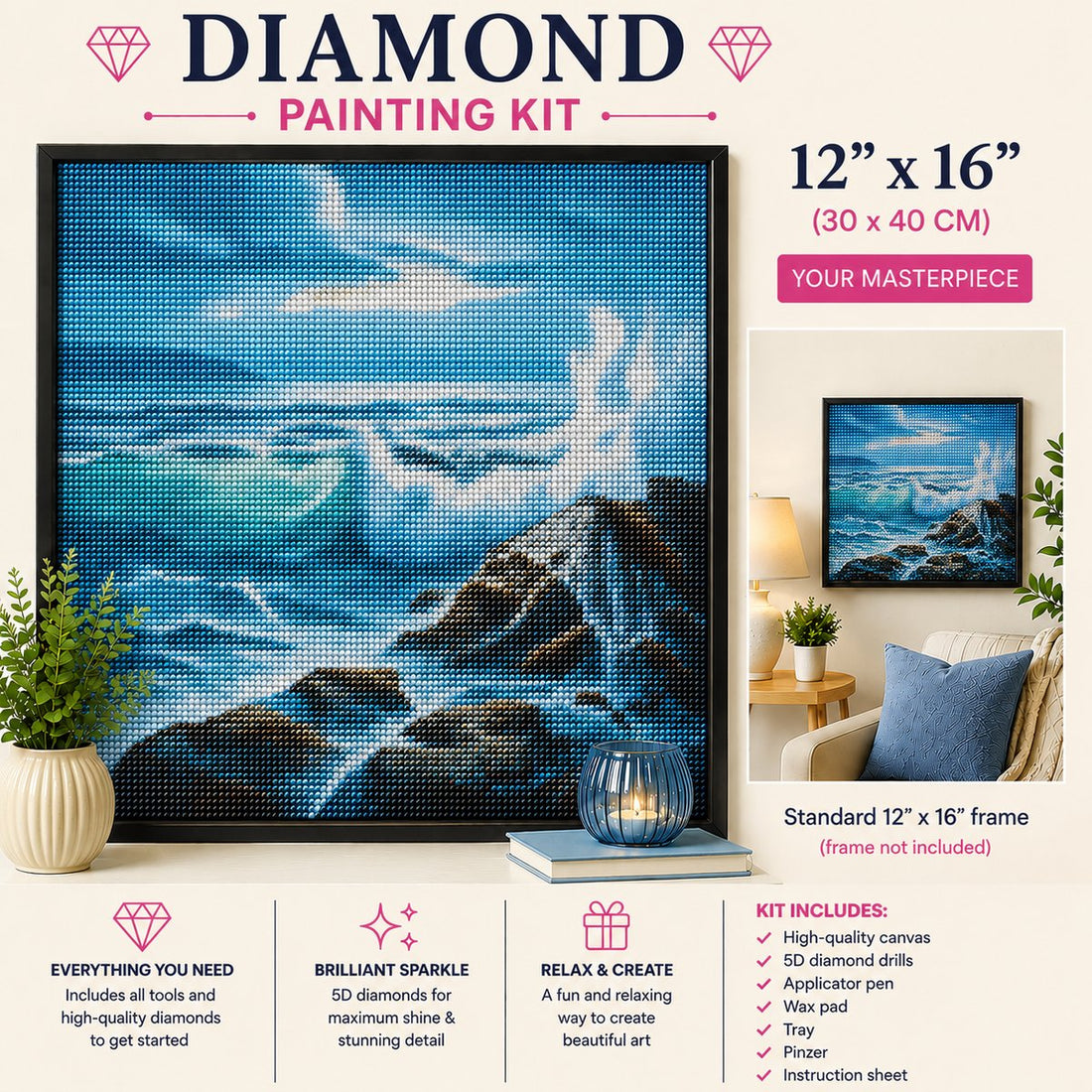 Framed crashing ocean waves diamond painting displayed in a cozy living room | Azurra Shop