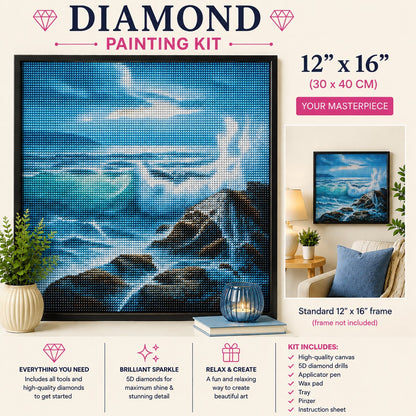 Framed crashing ocean waves diamond painting displayed in a cozy living room | Azurra Shop