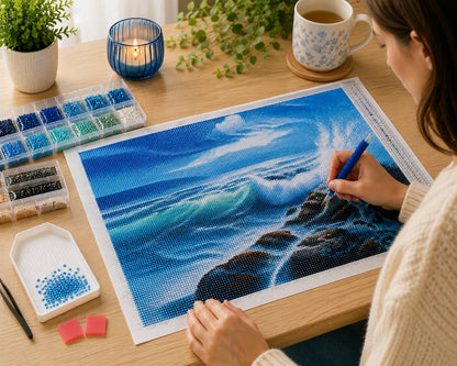 Working on the crashing ocean waves kit at a cozy desk with drill tools nearby | Azurra Shop