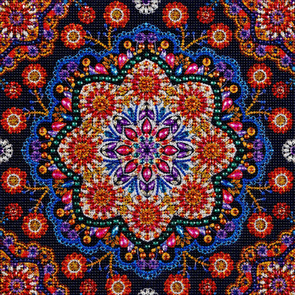 Finished crimson jeweled flower mandala diamond painting with a red and blue floral medallion surrounded by scattered flowers on navy | Azurra Shop