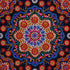 Finished crimson jeweled flower mandala diamond painting with a red and blue floral medallion surrounded by scattered flowers on navy | Azurra Shop