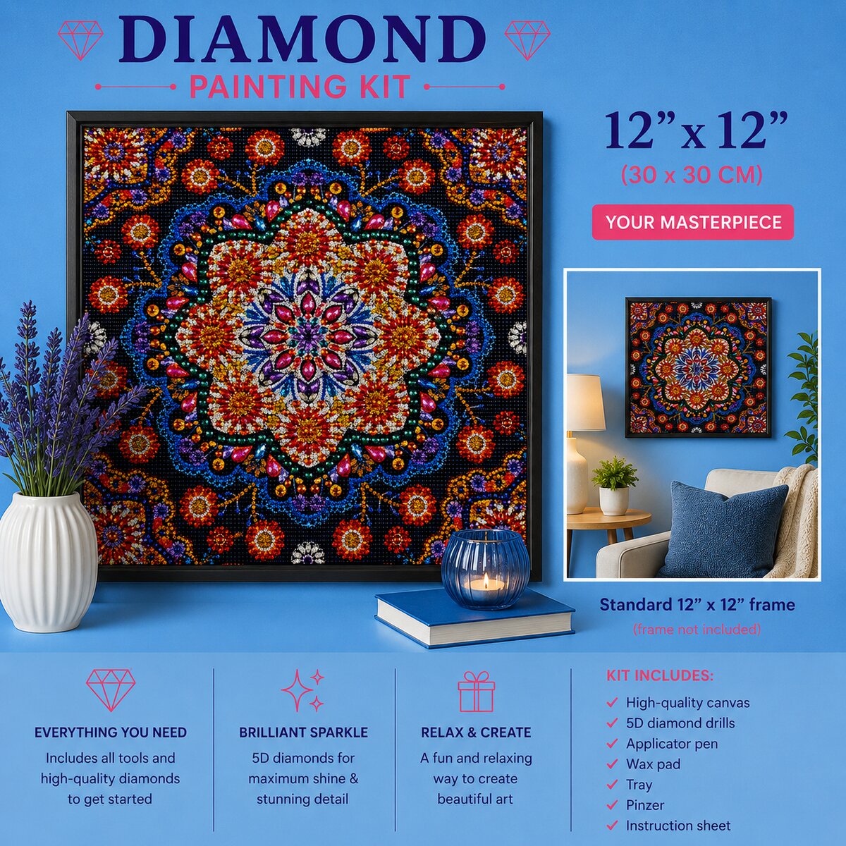 Crimson jeweled flower mandala diamond painting framed on a blue wall above a chair, shown in a 12 by 12 inch size | Azurra Shop