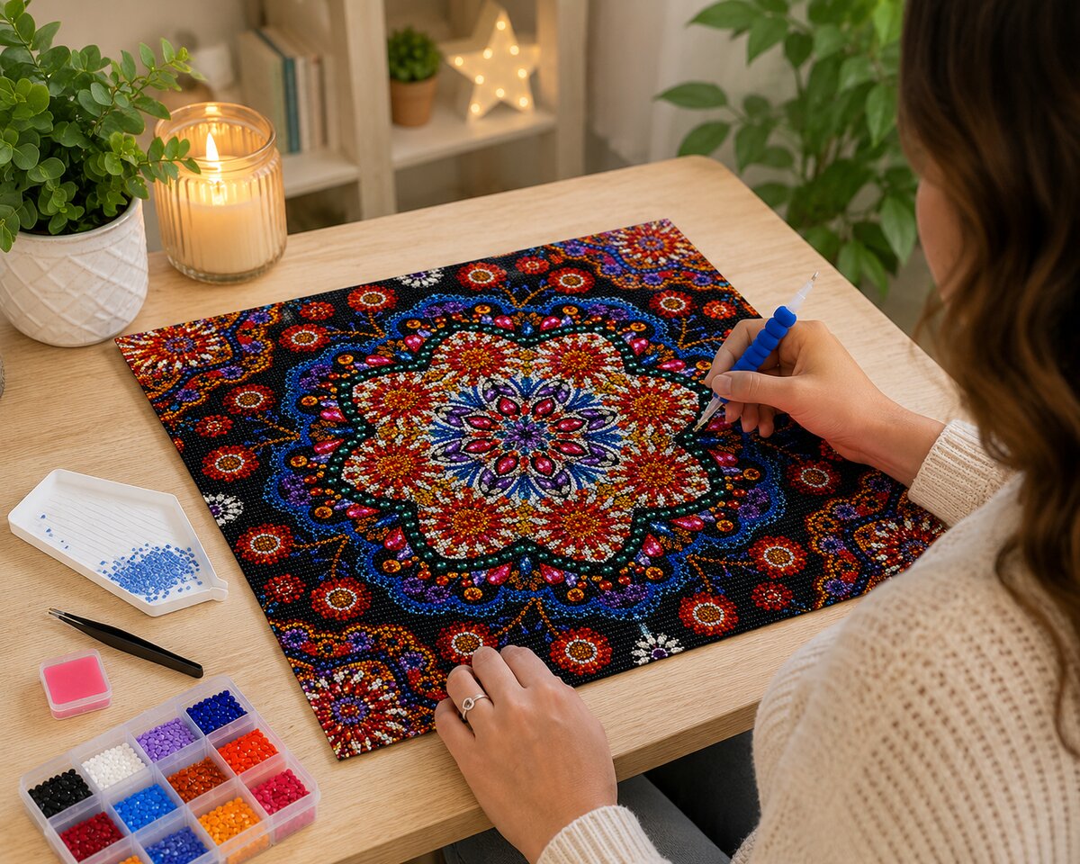 Woman placing diamonds on the crimson jeweled flower mandala canvas at a desk with a candle and tray of blue diamonds | Azurra Shop
