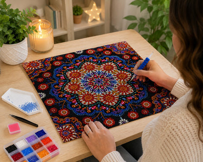 Woman placing diamonds on the crimson jeweled flower mandala canvas at a desk with a candle and tray of blue diamonds | Azurra Shop