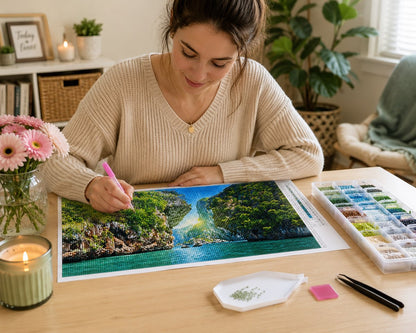 Working on the crooked sky canyon kit at a cozy desk with drill tools nearby | Azurra Shop