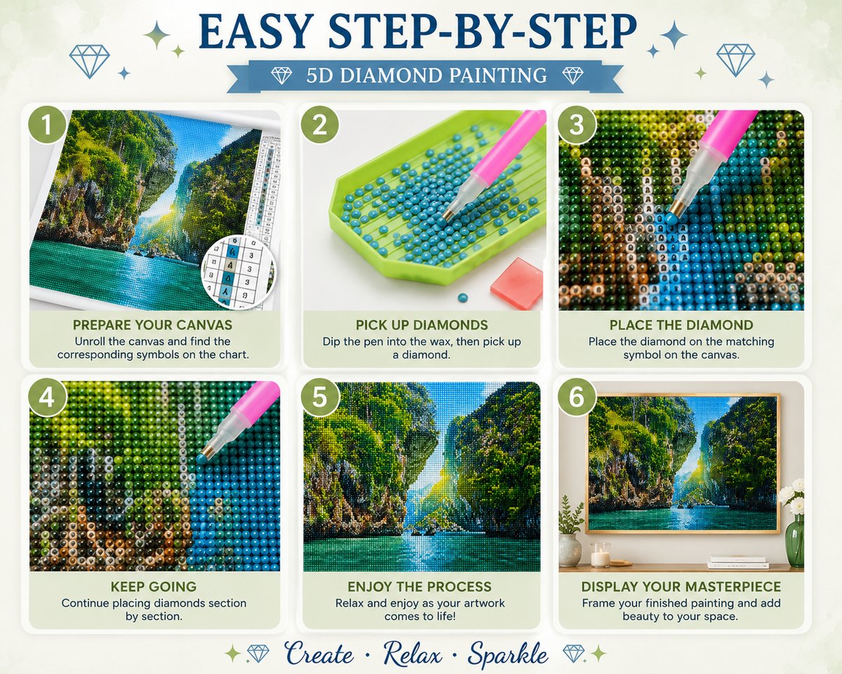 Step by step guide showing how to complete the crooked sky canyon diamond painting | Azurra Shop