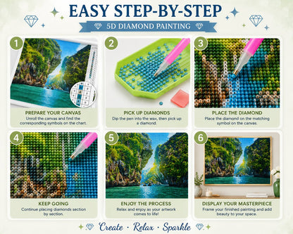 Step by step guide showing how to complete the crooked sky canyon diamond painting | Azurra Shop