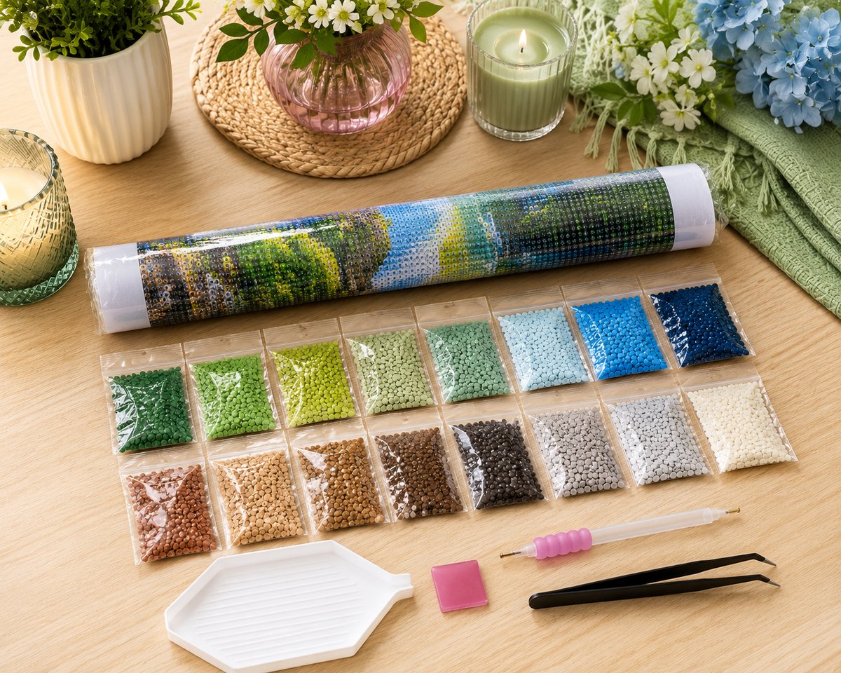 Rolled canvas and supplies for the crooked sky canyon kit, including drill packets, applicator pen, and wax pad | Azurra Shop
