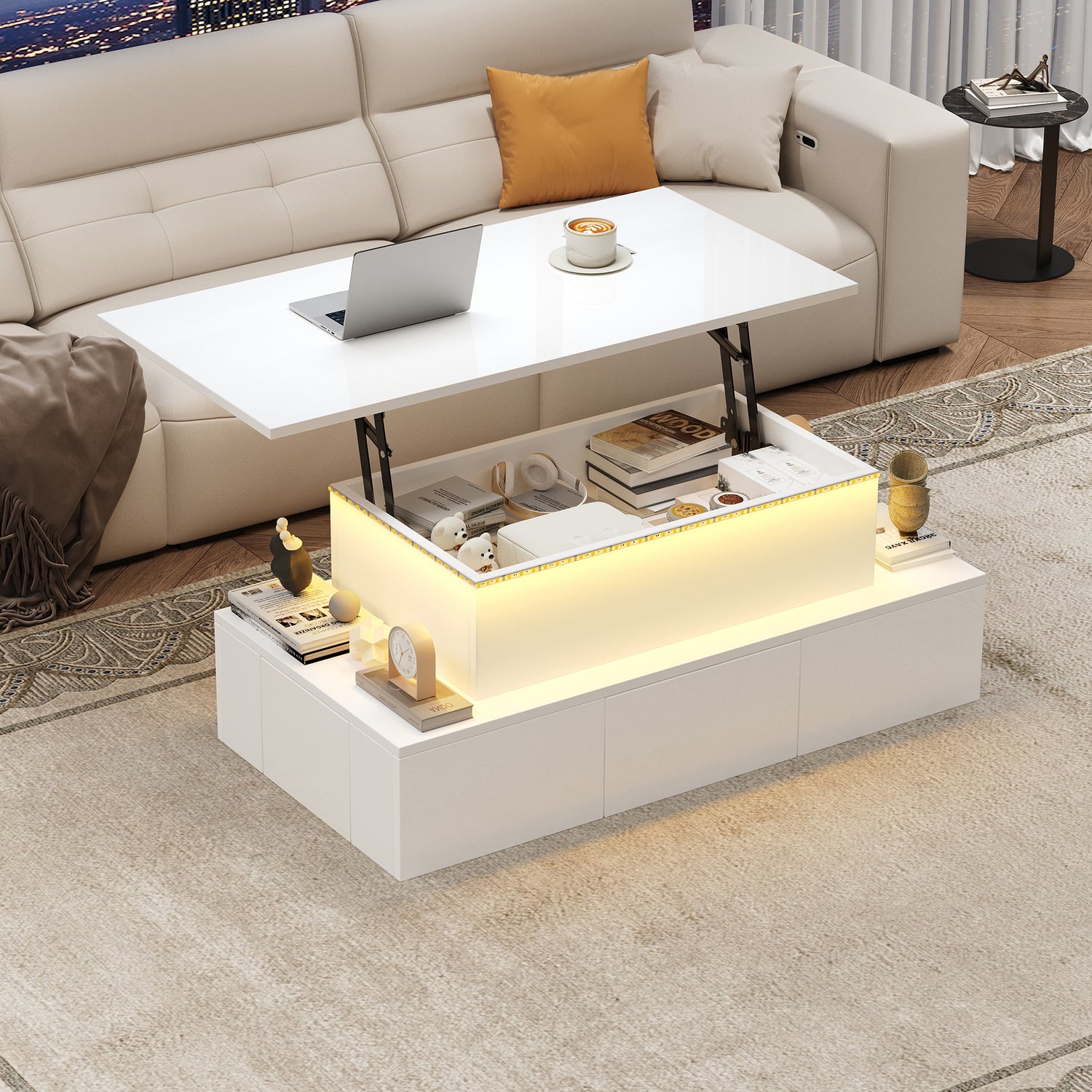 Lift-Top Coffee Table with LED Lights &amp; 4 Drawers — White