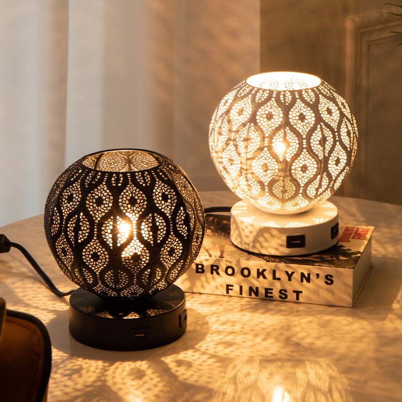 Iron Bedside Atmosphere Table Lamp — black or white, 7" shade, 8"H, night light, 110V, 4 plug types — Azurra Shop