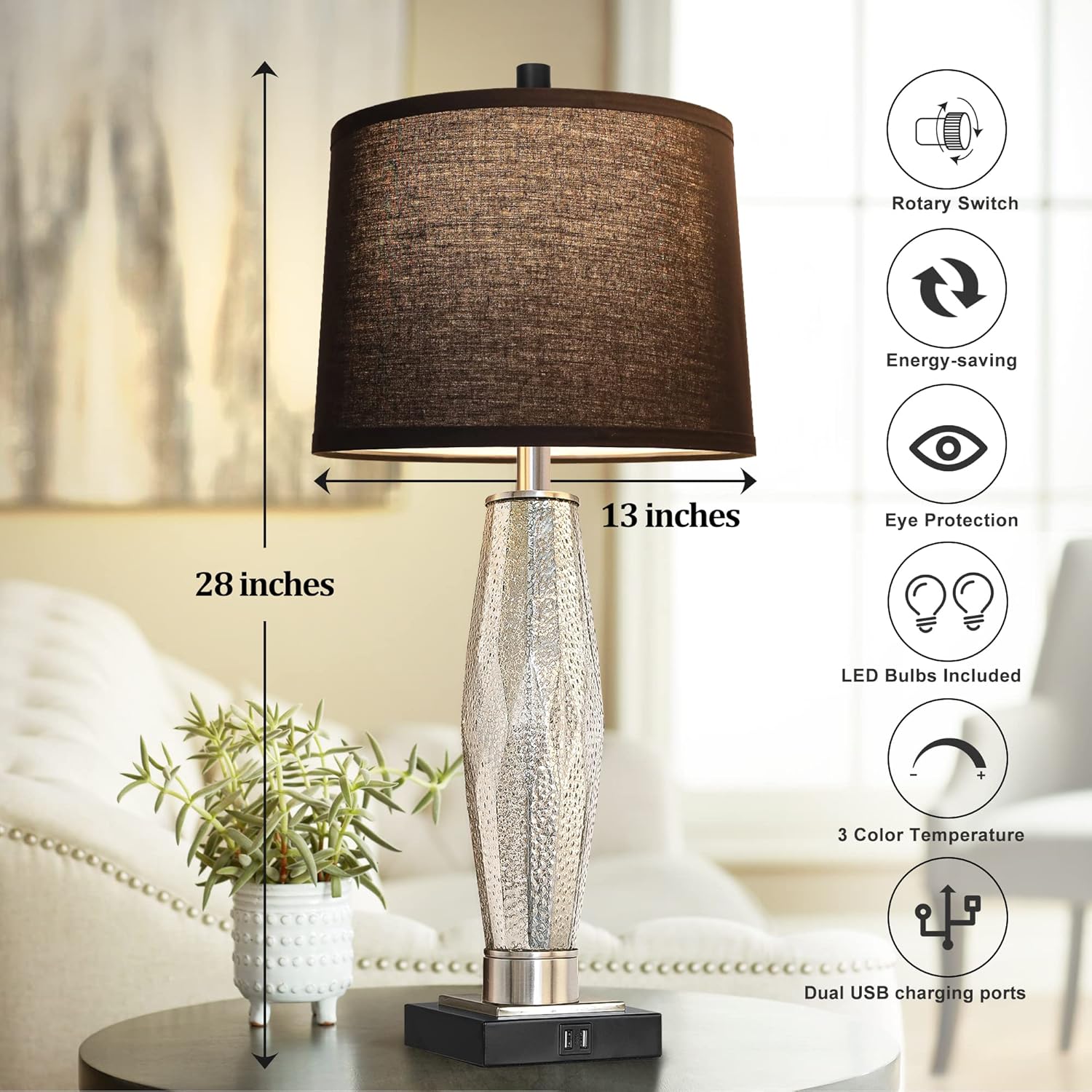 Table Lamps Set of 2 with USB A+C Charging Ports