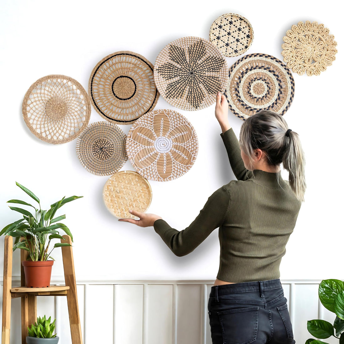 Boho Woven Wall Basket Decor Set — 9 handmade wicker baskets, round hanging boho wall art — Azurra Shop
