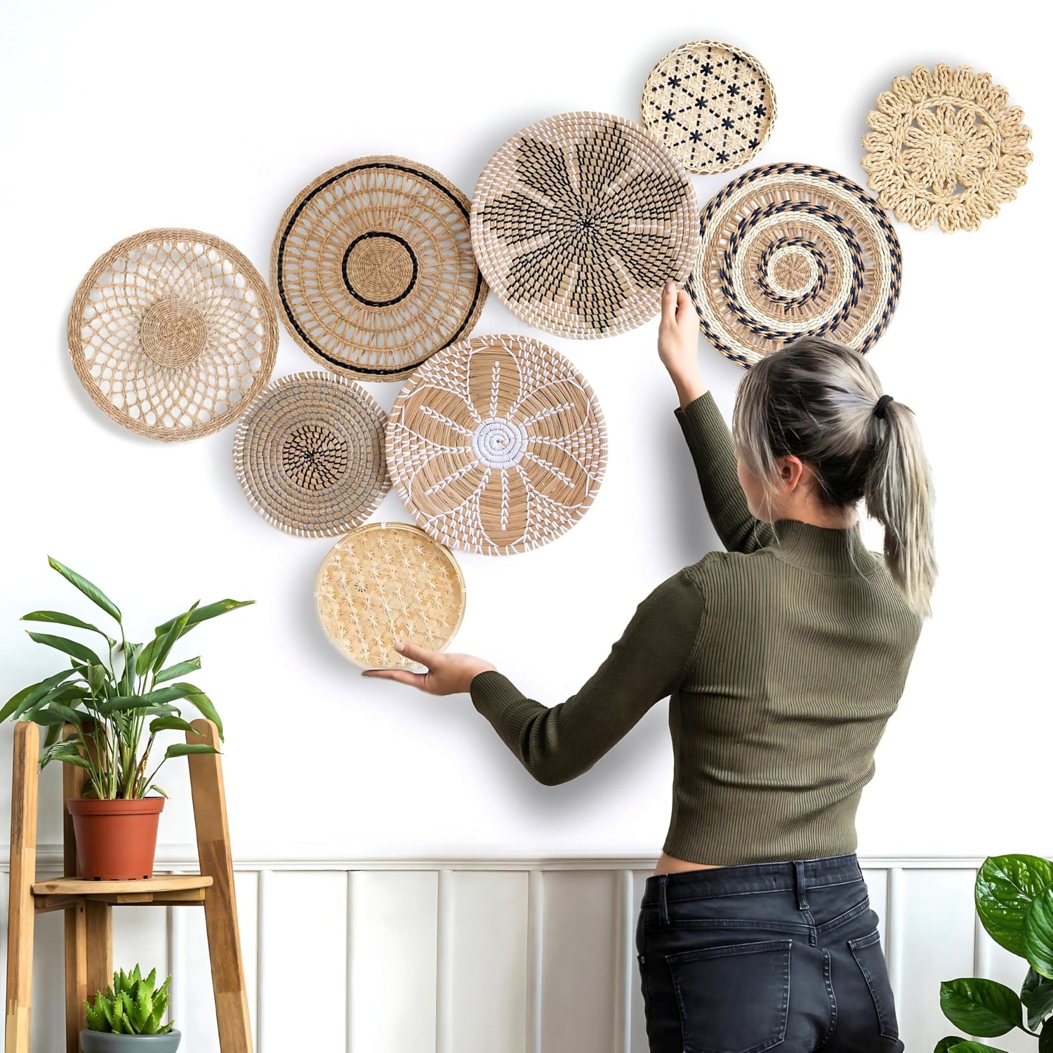 Boho Woven Wall Basket Decor Set — 9 handmade wicker baskets, round hanging boho wall art — Azurra Shop
