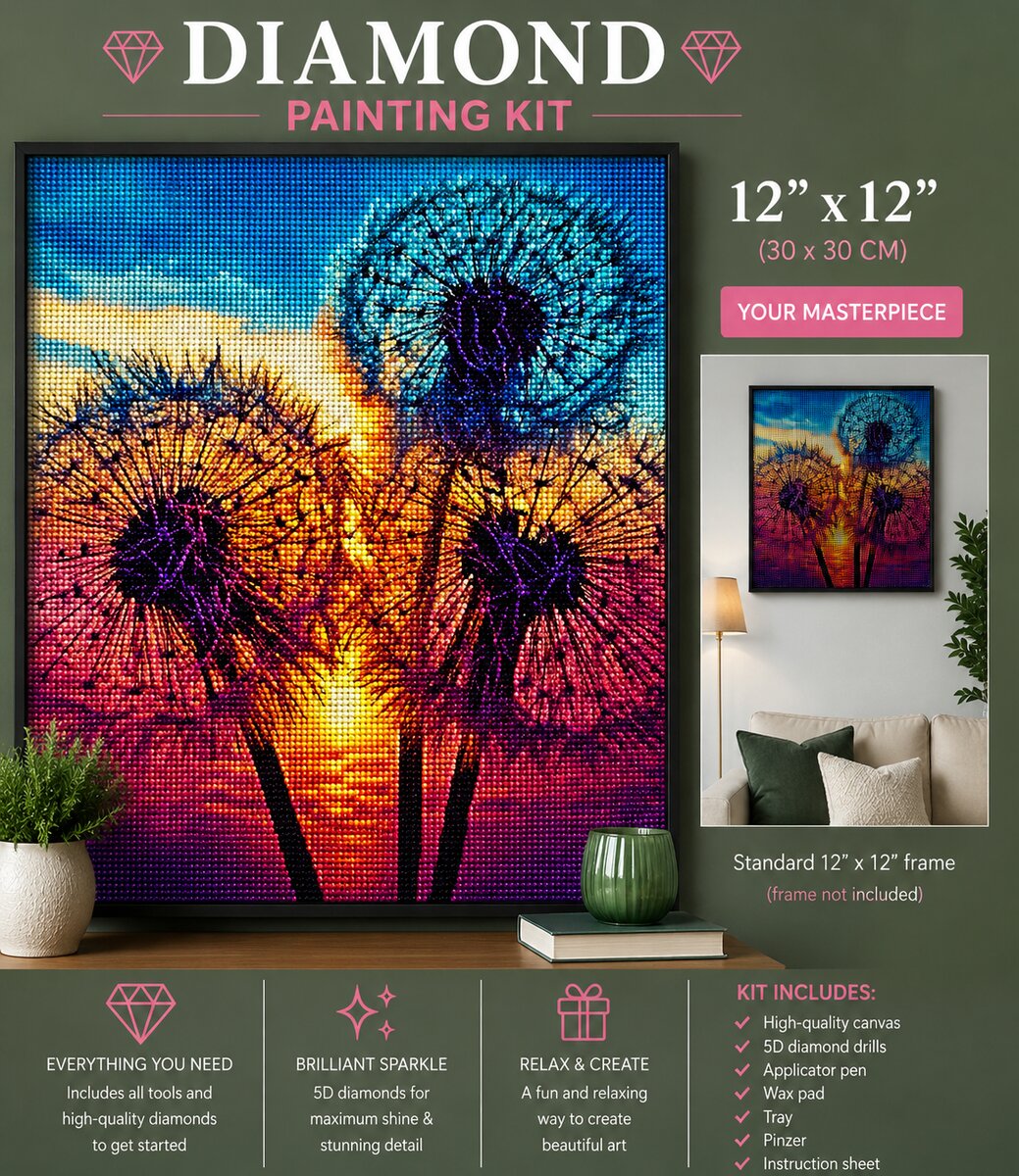 Dandelion rainbow sunset diamond painting framed and hanging on a living room wall, 12 by 12 inch size | Azurra Shop