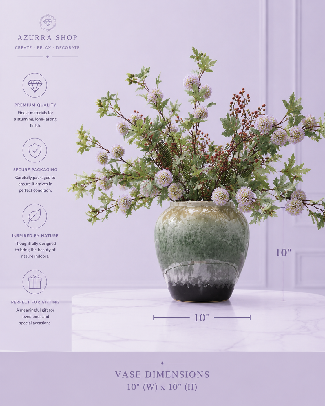 Dandelion &amp; foxtail ceramic vase dimensions 10" x 10" with trust icons — Azurra Shop
