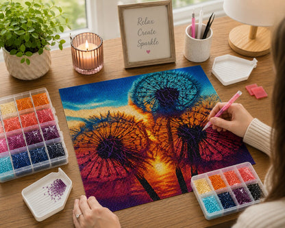 Woman placing diamonds on the dandelion rainbow sunset canvas at a desk with candle and diamond trays | Azurra Shop
