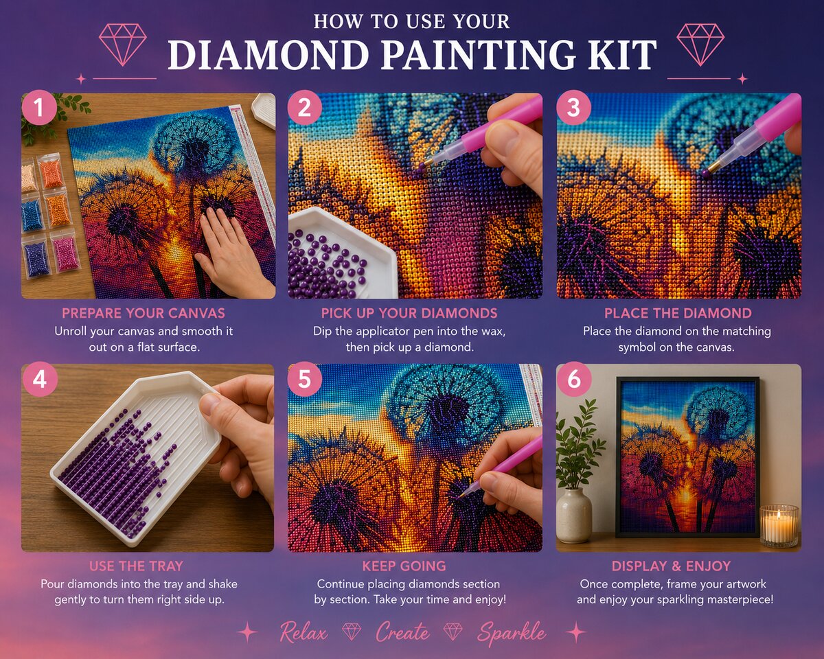 Step by step instructions for completing a diamond painting kit from canvas prep to framing | Azurra Shop