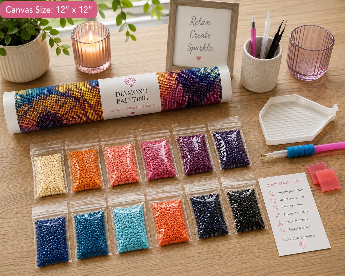 Diamond painting kit supplies including rolled canvas, numbered diamond bags, tray, pen, and wax | Azurra Shop