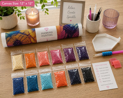 Diamond painting kit supplies including rolled canvas, numbered diamond bags, tray, pen, and wax | Azurra Shop