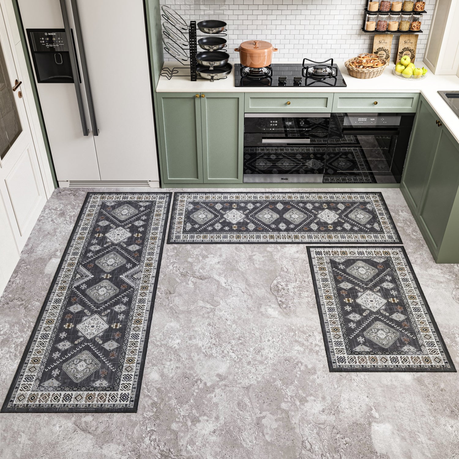 Boho Kitchen Rug Set — 3 Piece Faux Wool with Runner
