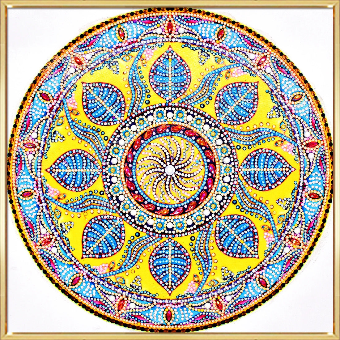 Sunburst mandala diamond painting kit — circular yellow and blue leaf design, full drill DIY art by Azurra Shop