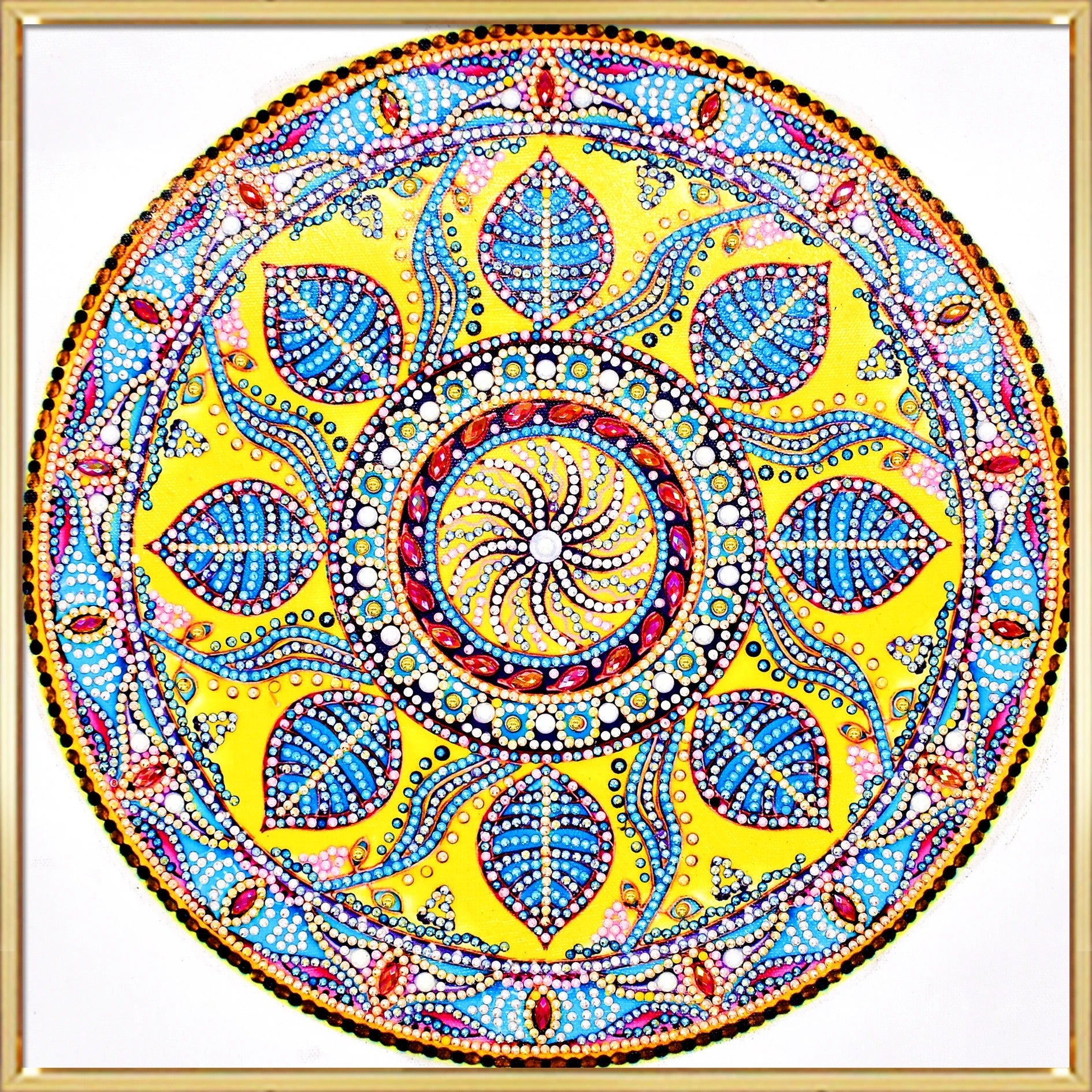 Sunburst mandala diamond painting kit — circular yellow and blue leaf design, full drill DIY art by Azurra Shop