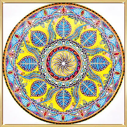 Sunburst mandala diamond painting kit — circular yellow and blue leaf design, full drill DIY art by Azurra Shop