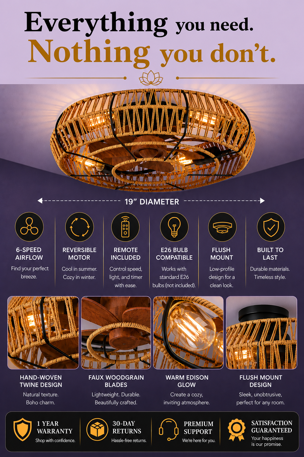 19" Boho Caged Ceiling Fan with Light &amp; Remote