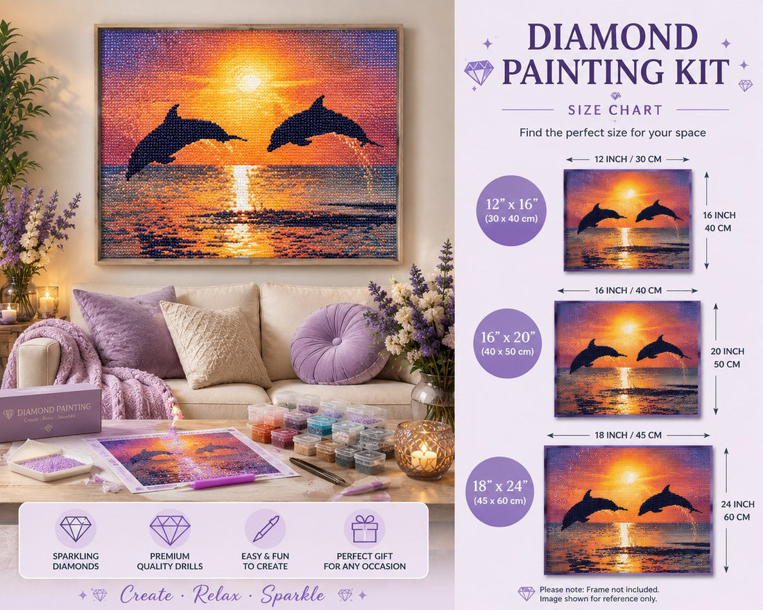 Framed dolphins at sunset diamond painting displayed with size options | Azurra Shop