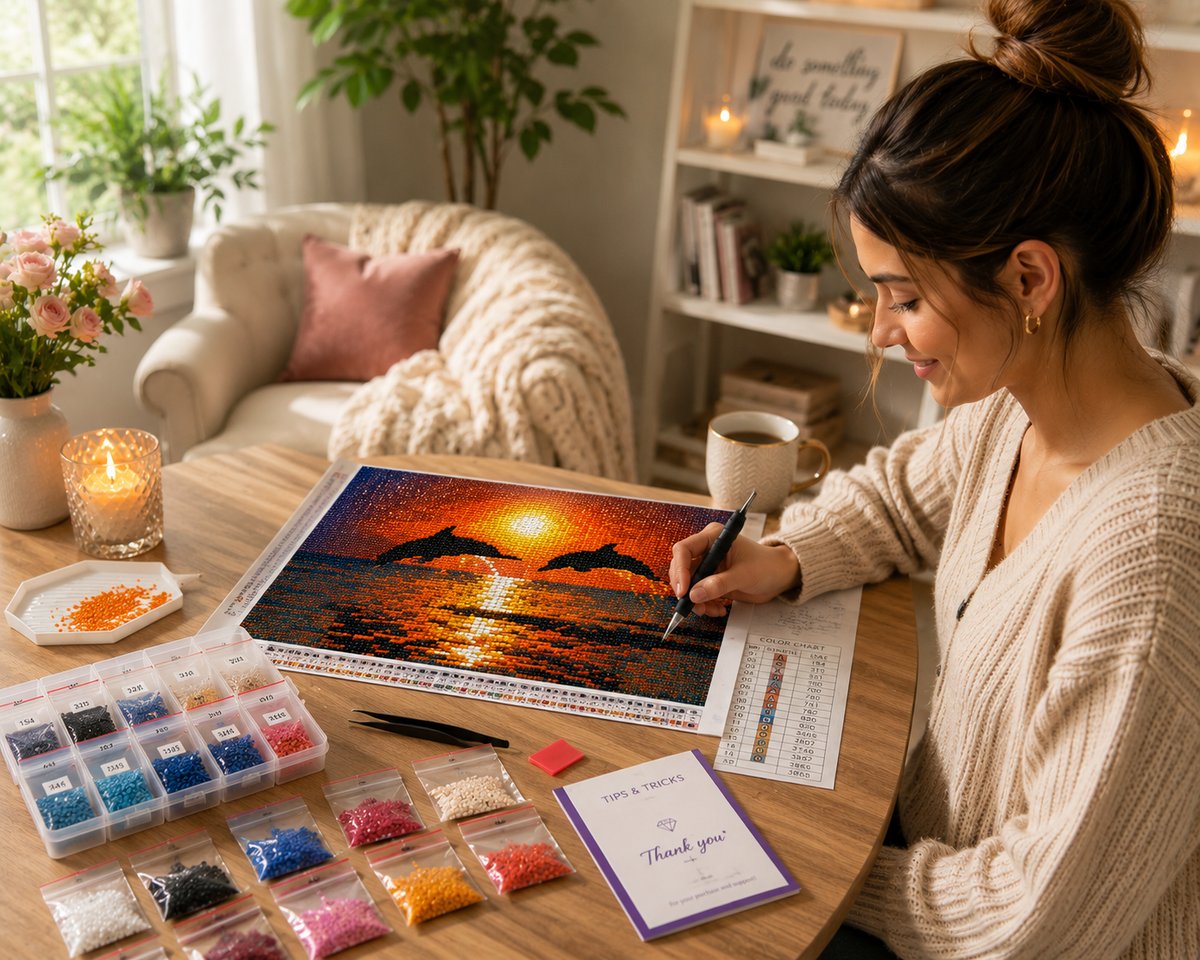 Working on the dolphins kit at a cozy craft desk with drills, applicator pen, a candle, and tea | Azurra Shop