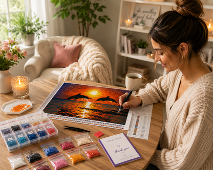 Two Dolphins Leaping at Golden Sunset Diamond Painting Kit