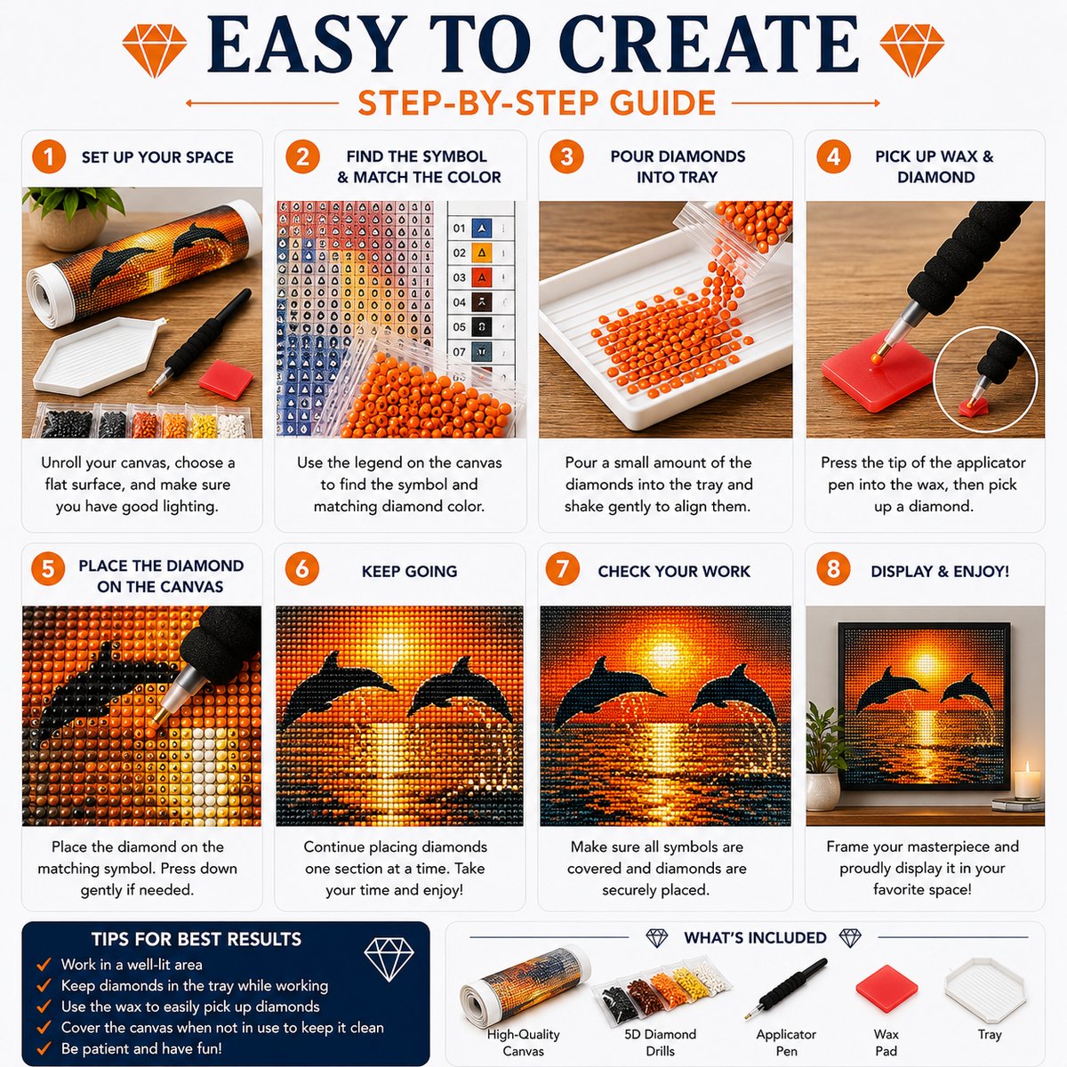 Step by step guide showing how to complete the dolphins diamond painting | Azurra Shop