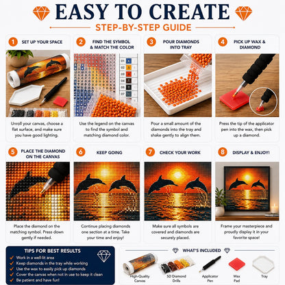 Step by step guide showing how to complete the dolphins diamond painting | Azurra Shop