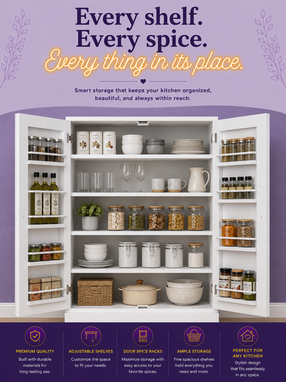 66.5" White Kitchen Pantry Cabinet with Glass Doors