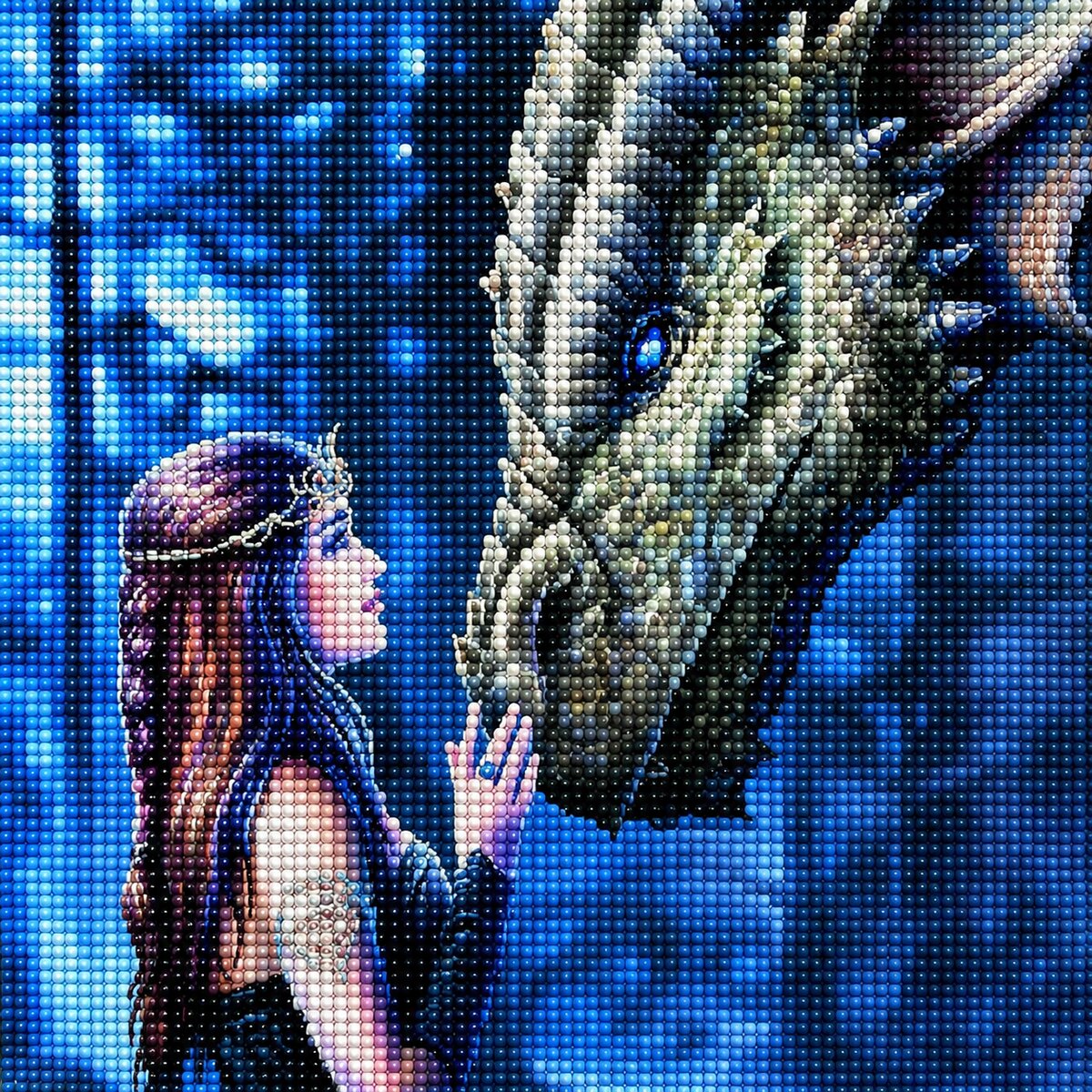Finished dragon whisperer diamond painting with a princess reaching toward a large scaled dragon face to face in a blue forest | Azurra Shop