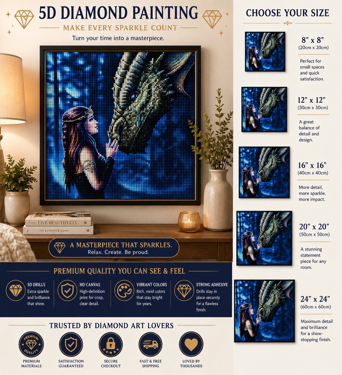 Dragon whisperer diamond painting framed on a wall, available in 5 sizes from 8 by 8 to 24 by 24 inches | Azurra Shop