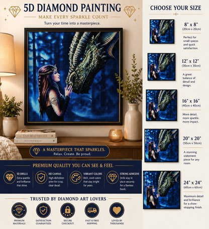 Dragon whisperer diamond painting framed on a wall, available in 5 sizes from 8 by 8 to 24 by 24 inches | Azurra Shop