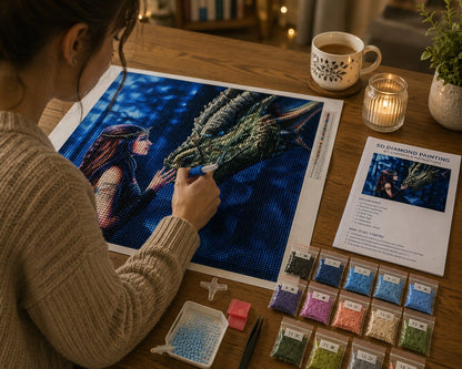 Woman placing diamonds on the dragon whisperer canvas at a table with coffee and a candle | Azurra Shop