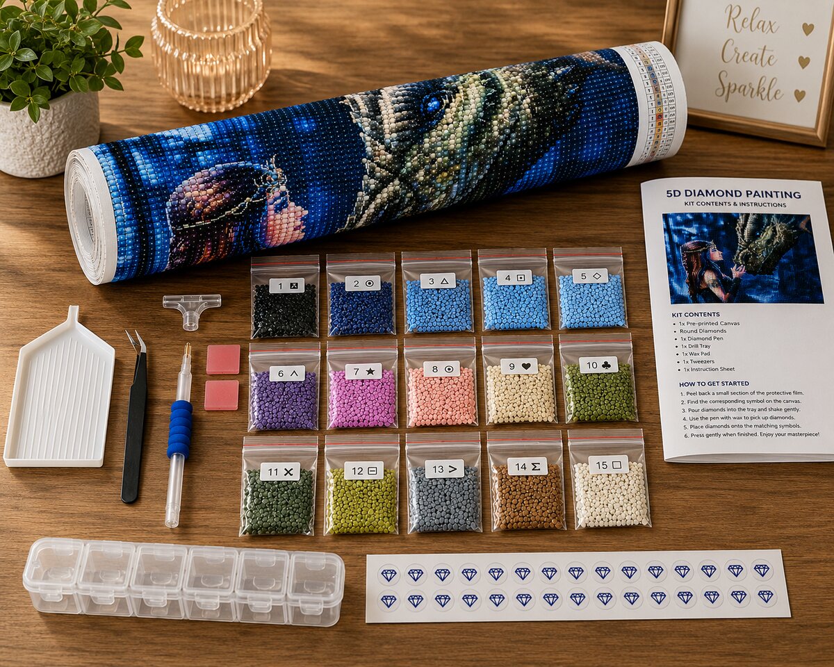 Diamond painting kit supplies including rolled canvas, 15 numbered diamond bags, applicator pen, and tweezers | Azurra Shop