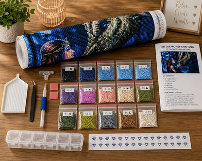 Diamond painting kit supplies including rolled canvas, 15 numbered diamond bags, applicator pen, and tweezers | Azurra Shop