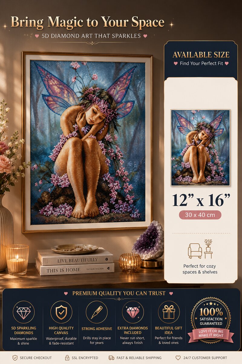 Dreaming fairy diamond painting framed on a wall, available in a 12 by 16 inch size | Azurra Shop