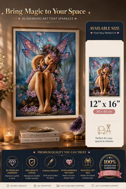 Dreaming fairy diamond painting framed on a wall, available in a 12 by 16 inch size | Azurra Shop