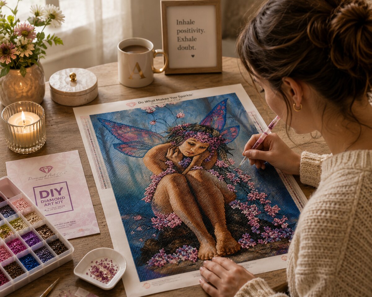 Woman placing diamonds on the dreaming fairy canvas at a desk with coffee and candles | Azurra Shop