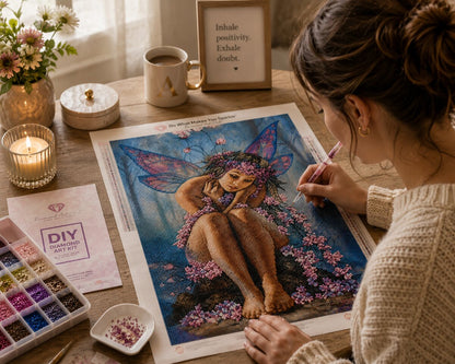 Woman placing diamonds on the dreaming fairy canvas at a desk with coffee and candles | Azurra Shop